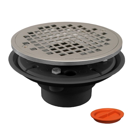 Jones Stephens 2inX3in PVC Shower Drain with 2in Brass Spud and 6in Round Chrome Plated Strainer with Test Plug D50800TP